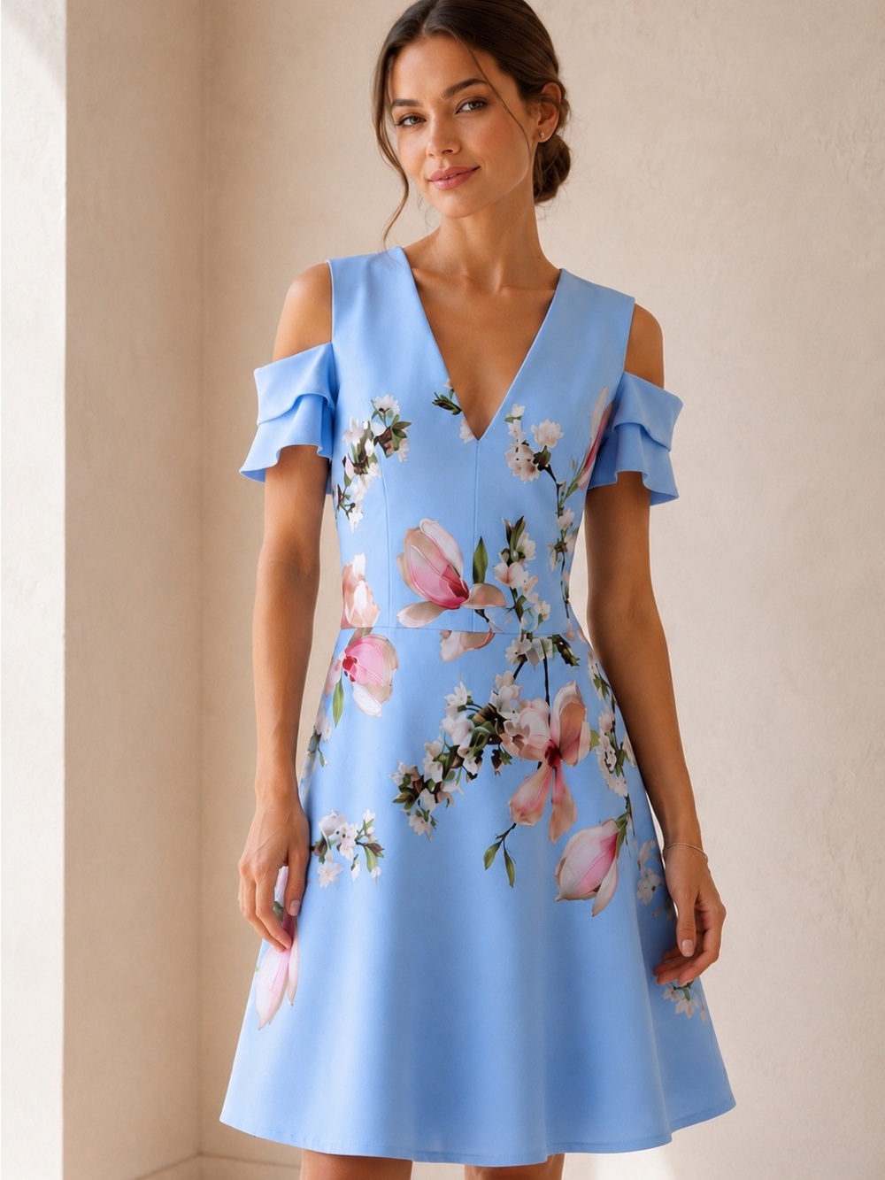 Ted Baker Effrae Floral Cold Shoulder Mini Dress Blue US8 - Picture 1 of 11